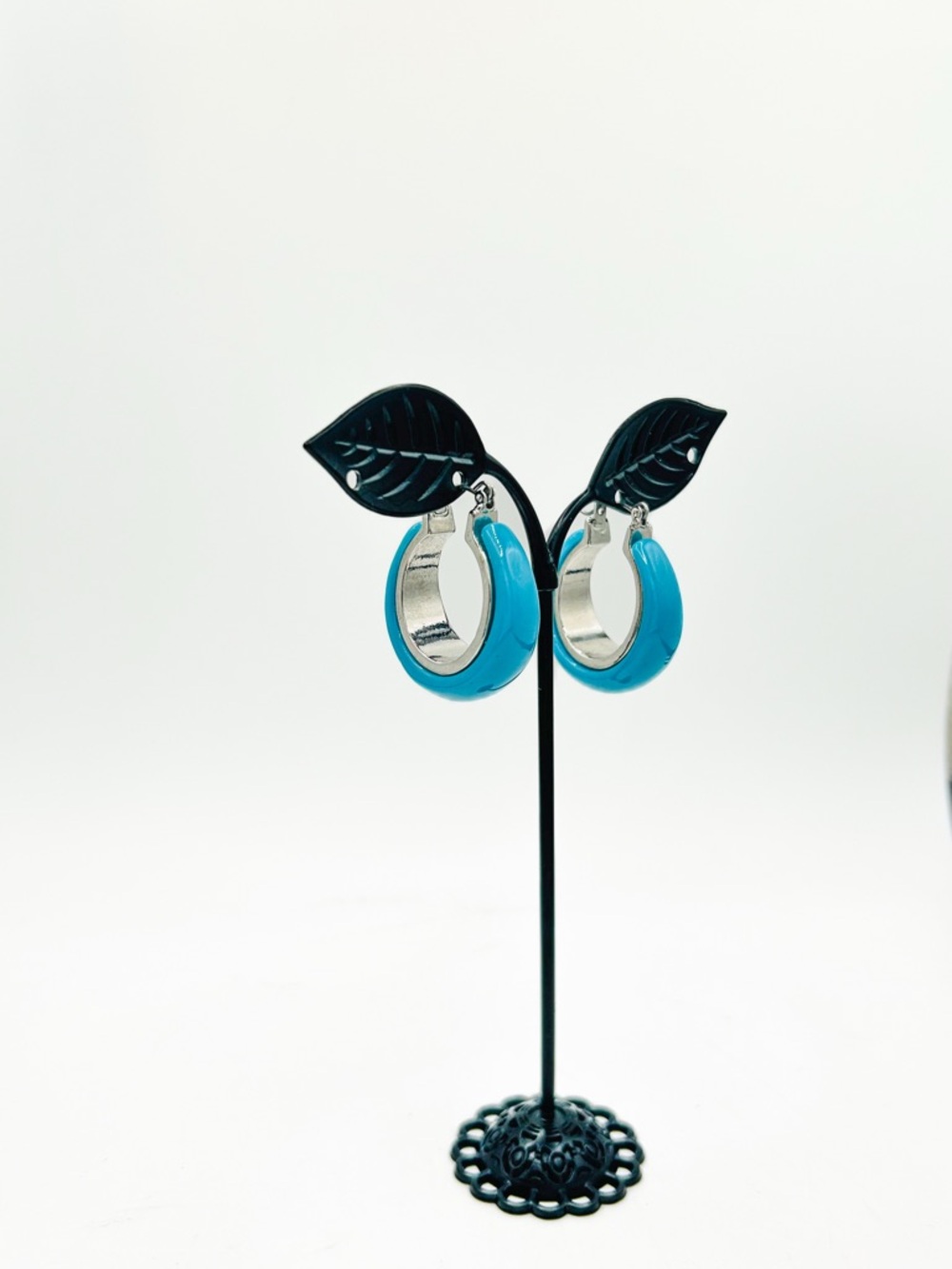 Turquoise Enamel Hoop Earrings - Silver Tone Chunky Huggie Hoops